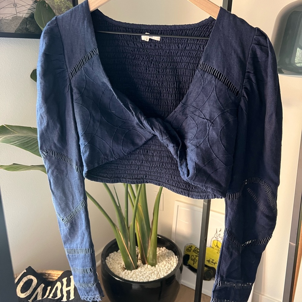 Tularosa Navy Blue Tinsley Crop Long Sleeve Smocked Eyelet